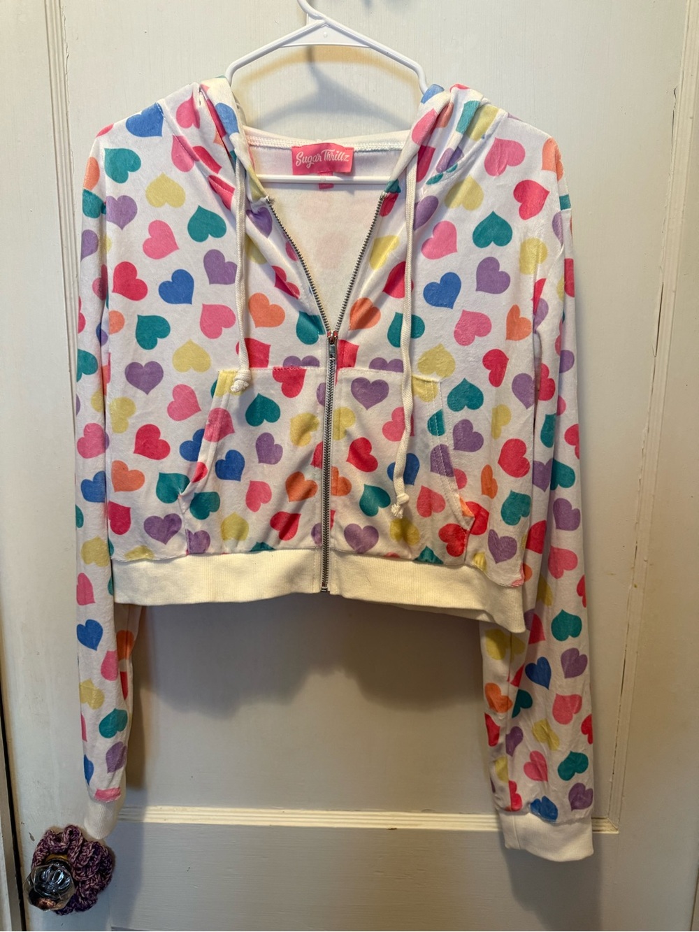 Sugar Thrillz Pastel heart crop velour hoodie